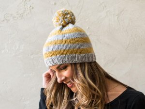 Chunky Striped Hat Knitting Kit by Susan B. Anderson in grey and yellow