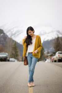 MidTown Cardigan in Merino Wool in yellow mustard